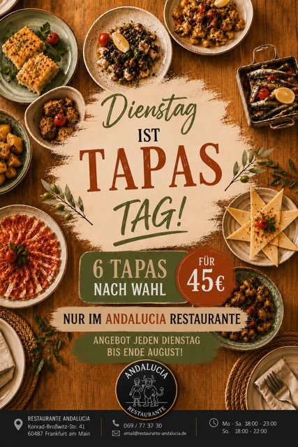 Dienstag ist Tapas-Tag: 6 Tapas nach Wahl für 45 Euro